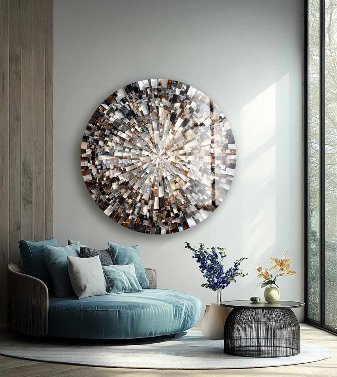 Black and Silver Radiant – Round Glass Wall Art