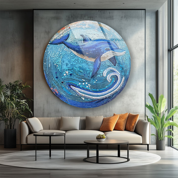 Blue dolphin glass mosaic wall décor for coastal interiors