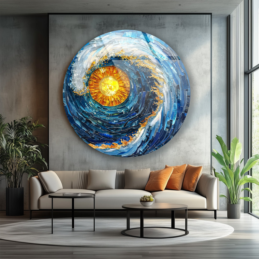 Solar Tide – Blue Wave Mosaic Round Glass Wall Art