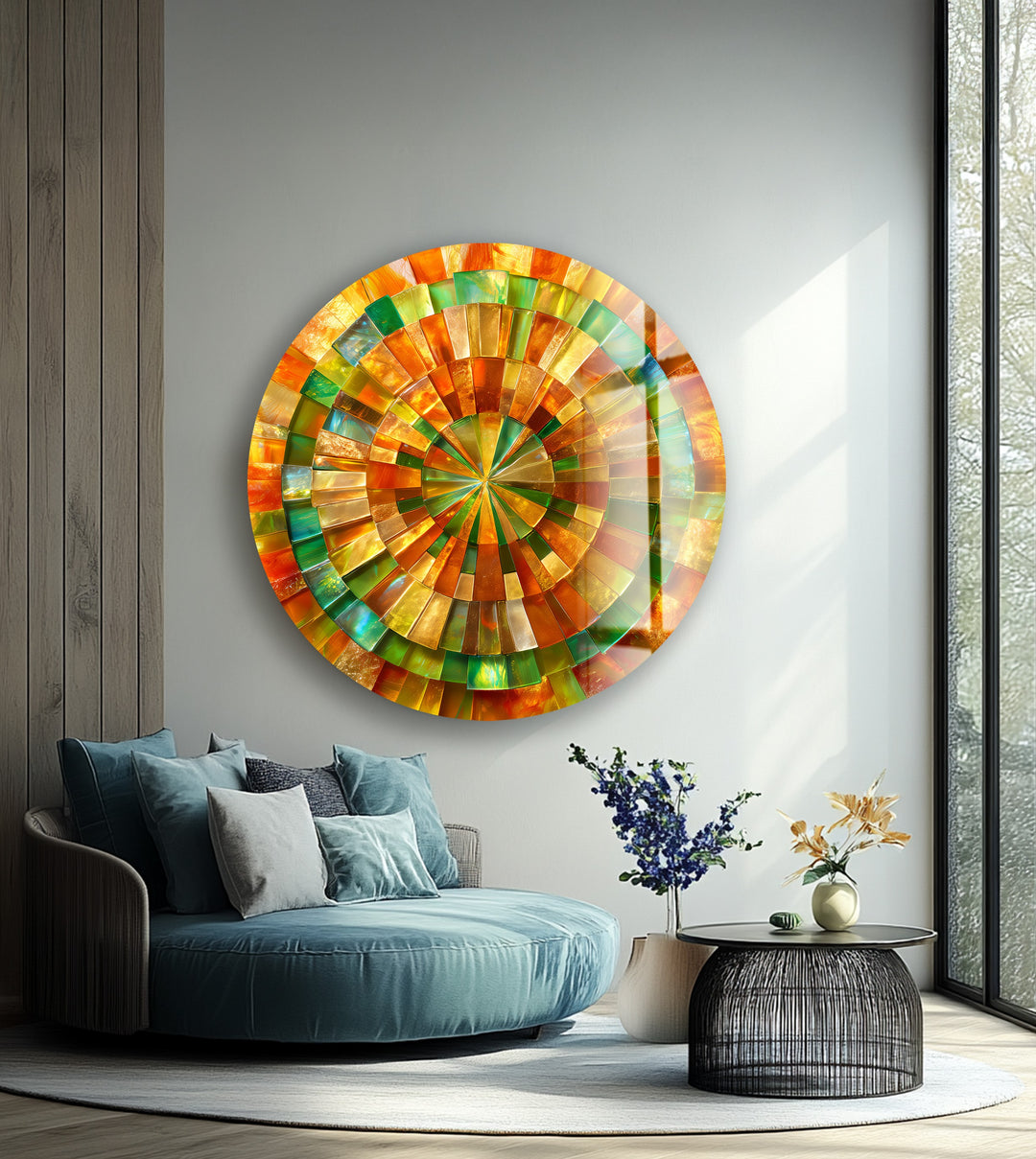 Verdant Sun Spiral – Round Glass Wall Art