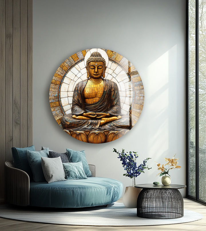 Golden Buddha Mosaic Serenity – Round Glass Wall Art