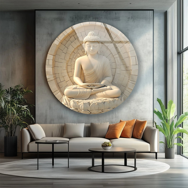 Serene White Buddha in Lotus – Round Glass Wall Art - MyPhotoStation