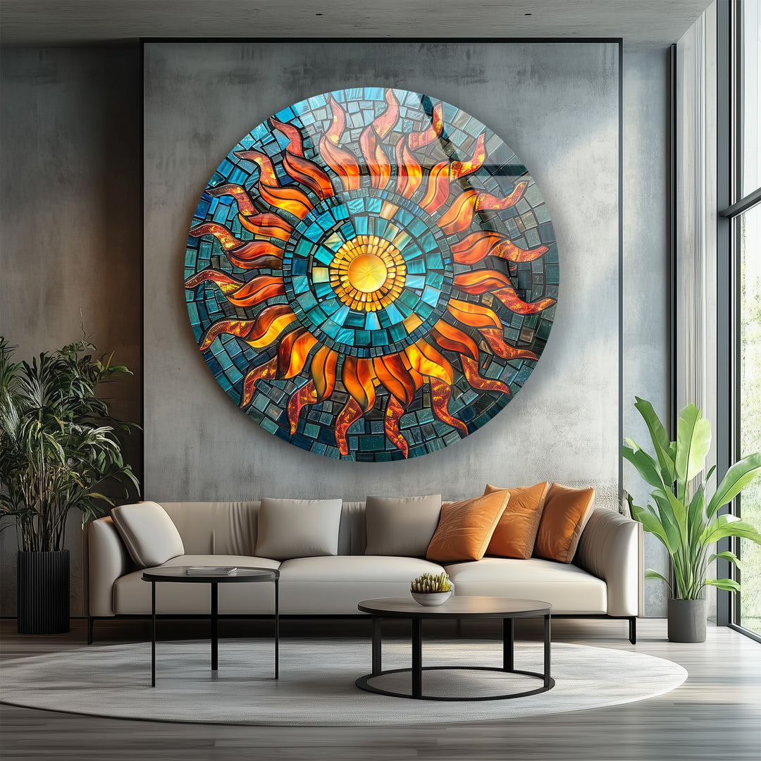 Solar Radiance – Sunburst Mosaic Round Glass Wall Art