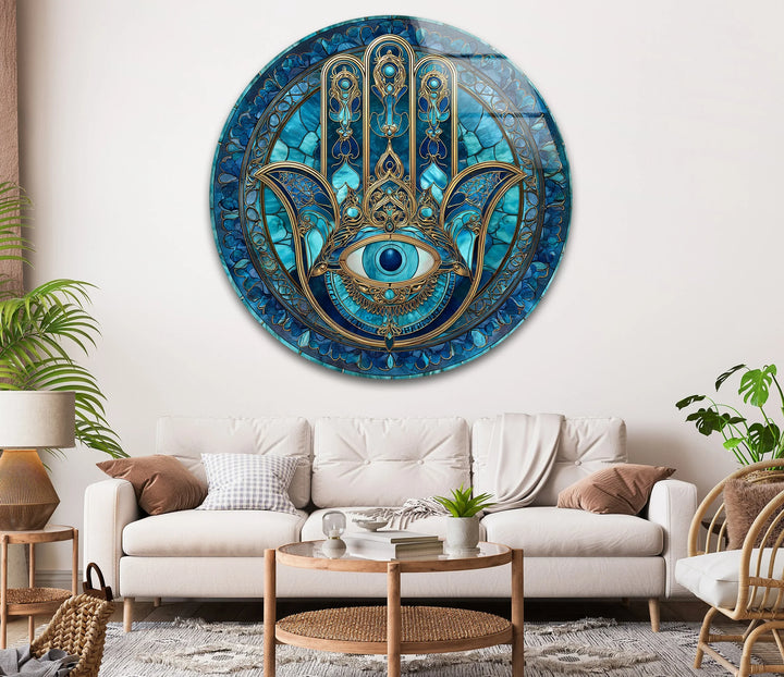 Mystic Hamsa Hand with Evil Eye – Round Glass Wall Art - MyPhotoStation