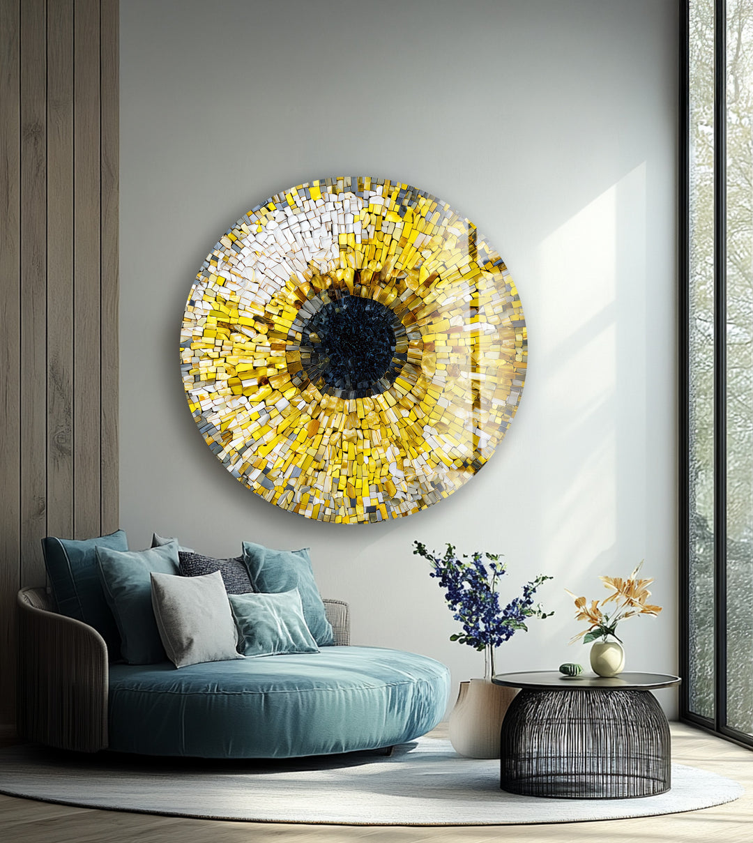 Golden Iris Mosaic – Round Glass Wall Art
