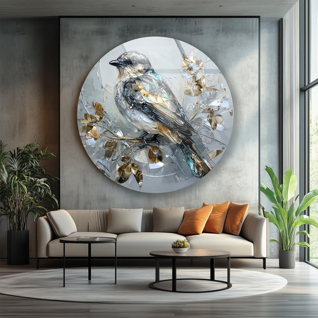 Golden Serenity – Crystal Bird Round Glass Wall Art