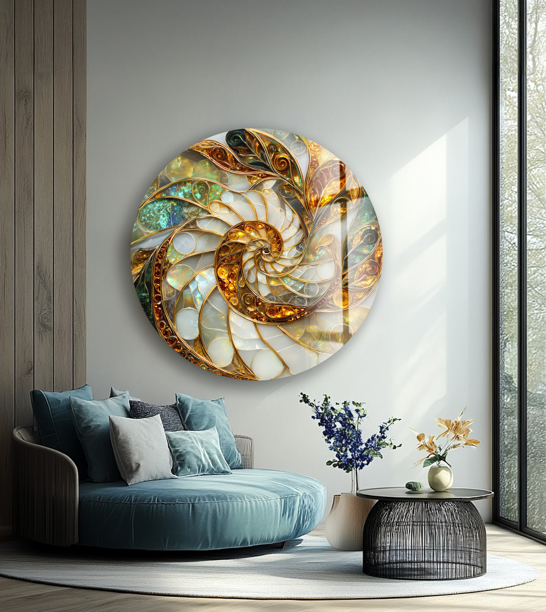 Golden Spiral Energy – Round Glass Wall Art