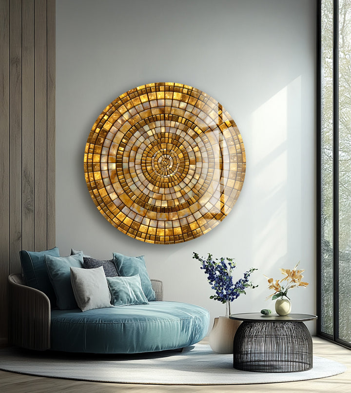 Golden Shimmering Mosaic – Round Glass Wall Art