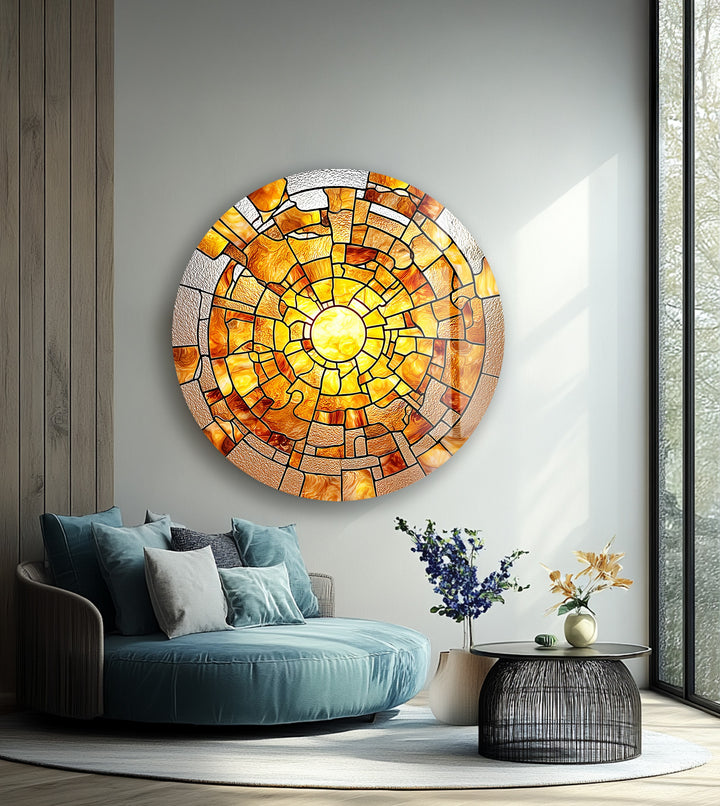 Amber Solar Burst – Round Glass Wall Art