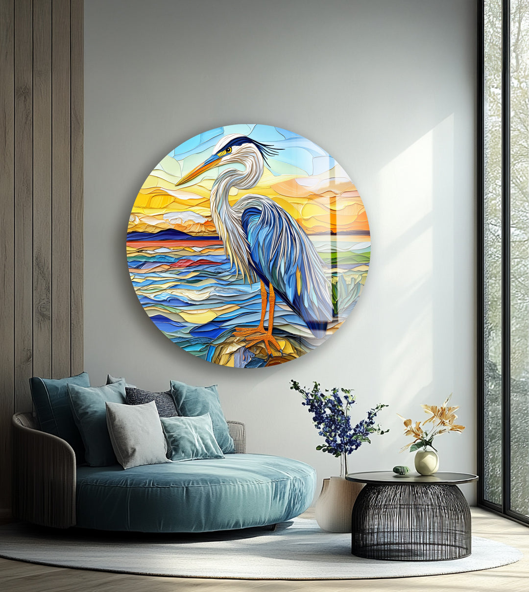 Blue Heron at Dusk – Round Glass Wall Art