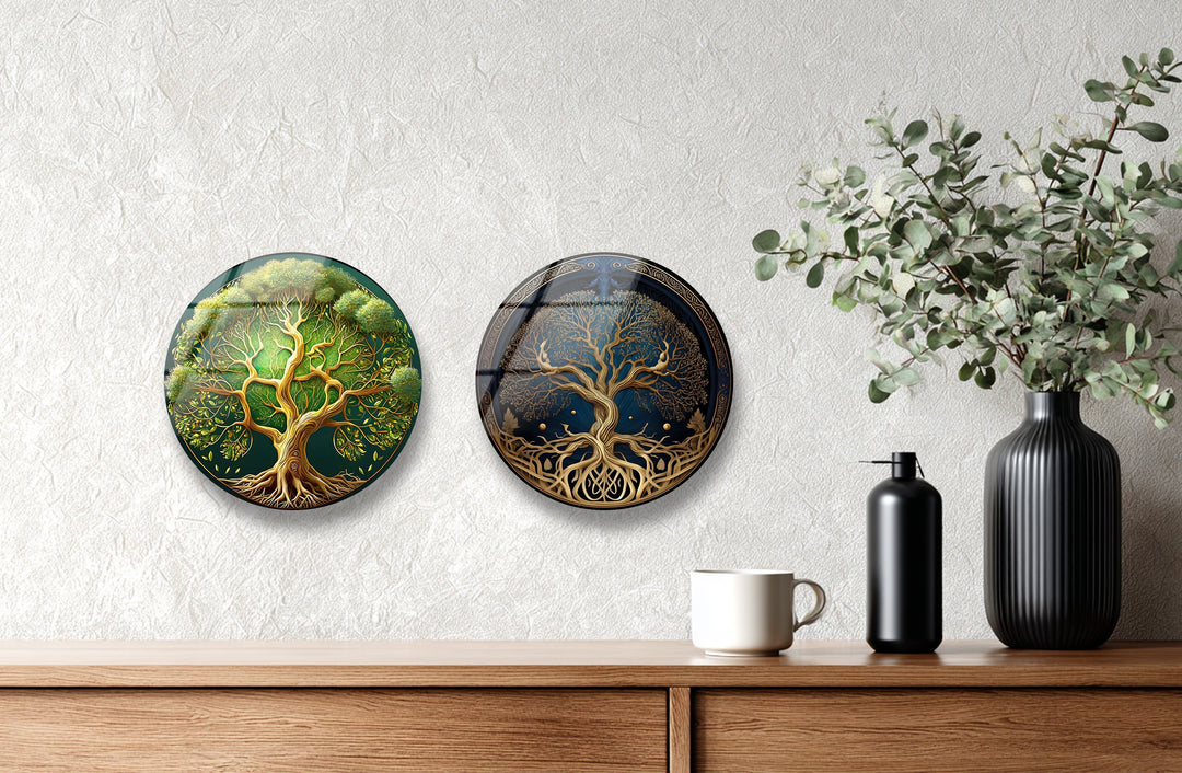 Tree of Life Round Glass Wall Art Set – Spiritual Nature-Inspired Decor