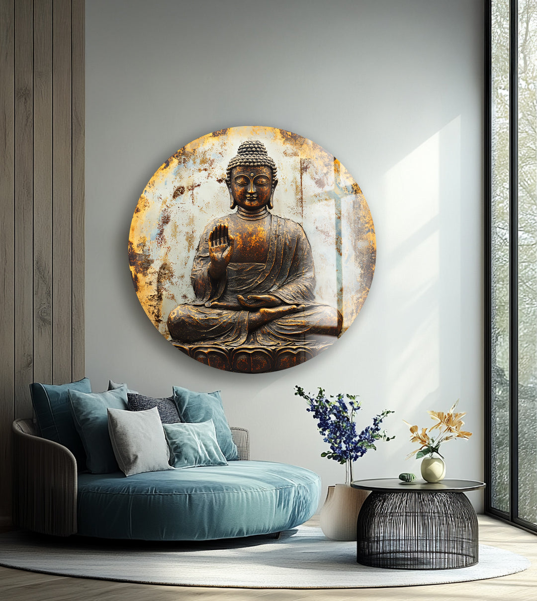 Rustic Buddha Calm – Round Glass Wall Art