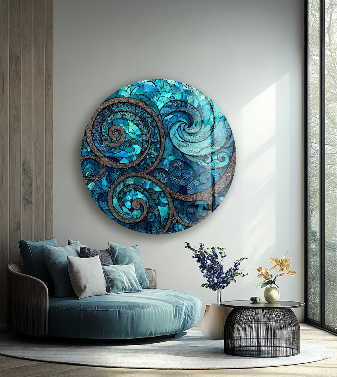 Oceanic Spirals – Round Glass Wall Art