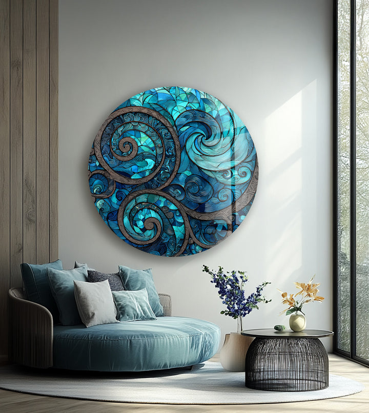 Oceanic Spirals – Round Glass Wall Art