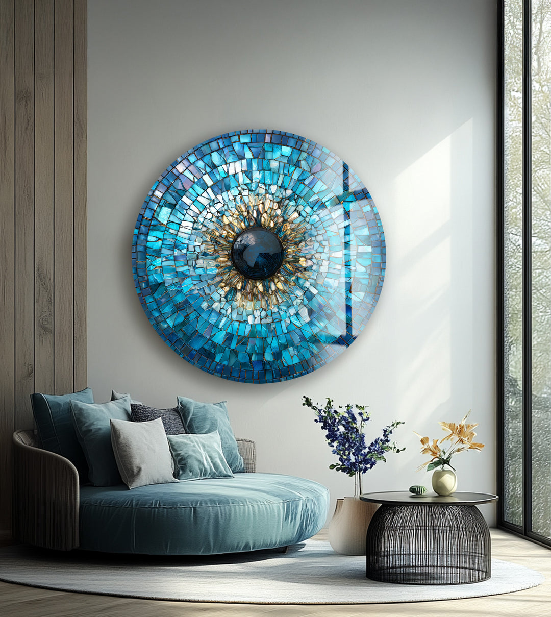 Golden Blue Mosaic Evil Eye – Round Glass Wall Art