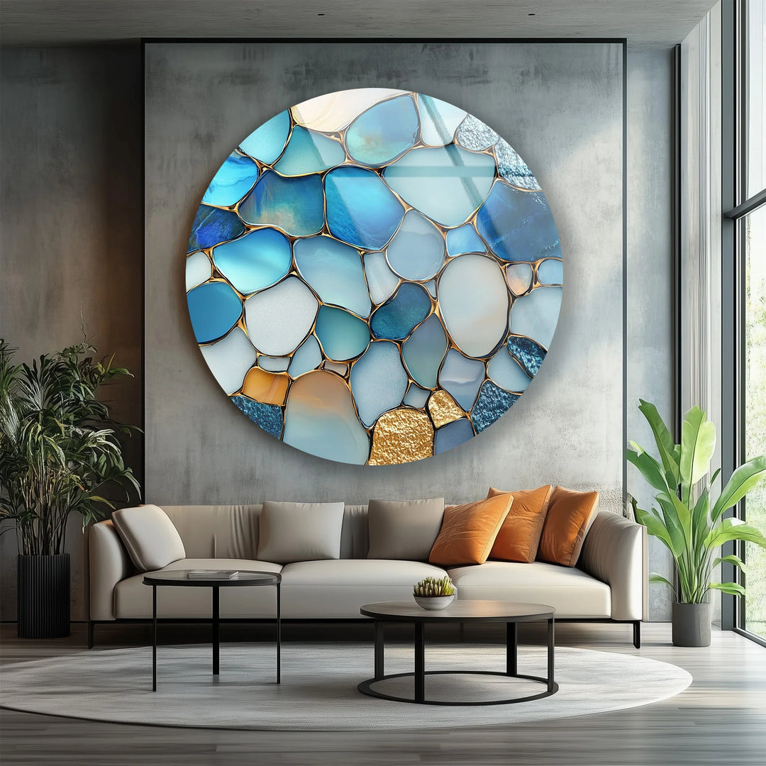 Ocean Blue Stone Mosaic Round Glass Wall Art - MyPhotoStation