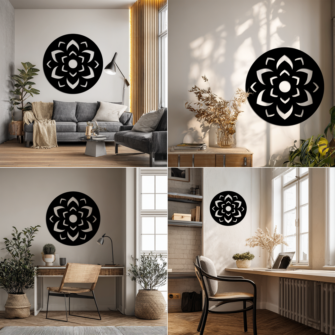 Black lotus mandala pattern round metal decoration wall art piece dominates with its dark hue, set against various neutral interior settings.