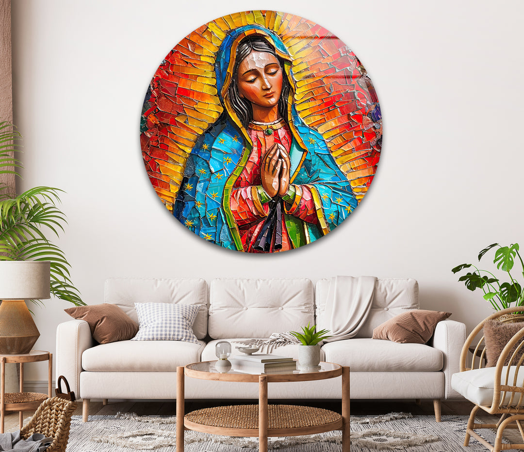 Plush white sofa cushions and a soft throw blanket gracefully enhance the vibrant Sacred Radiance Mosaic glass wall artwork.