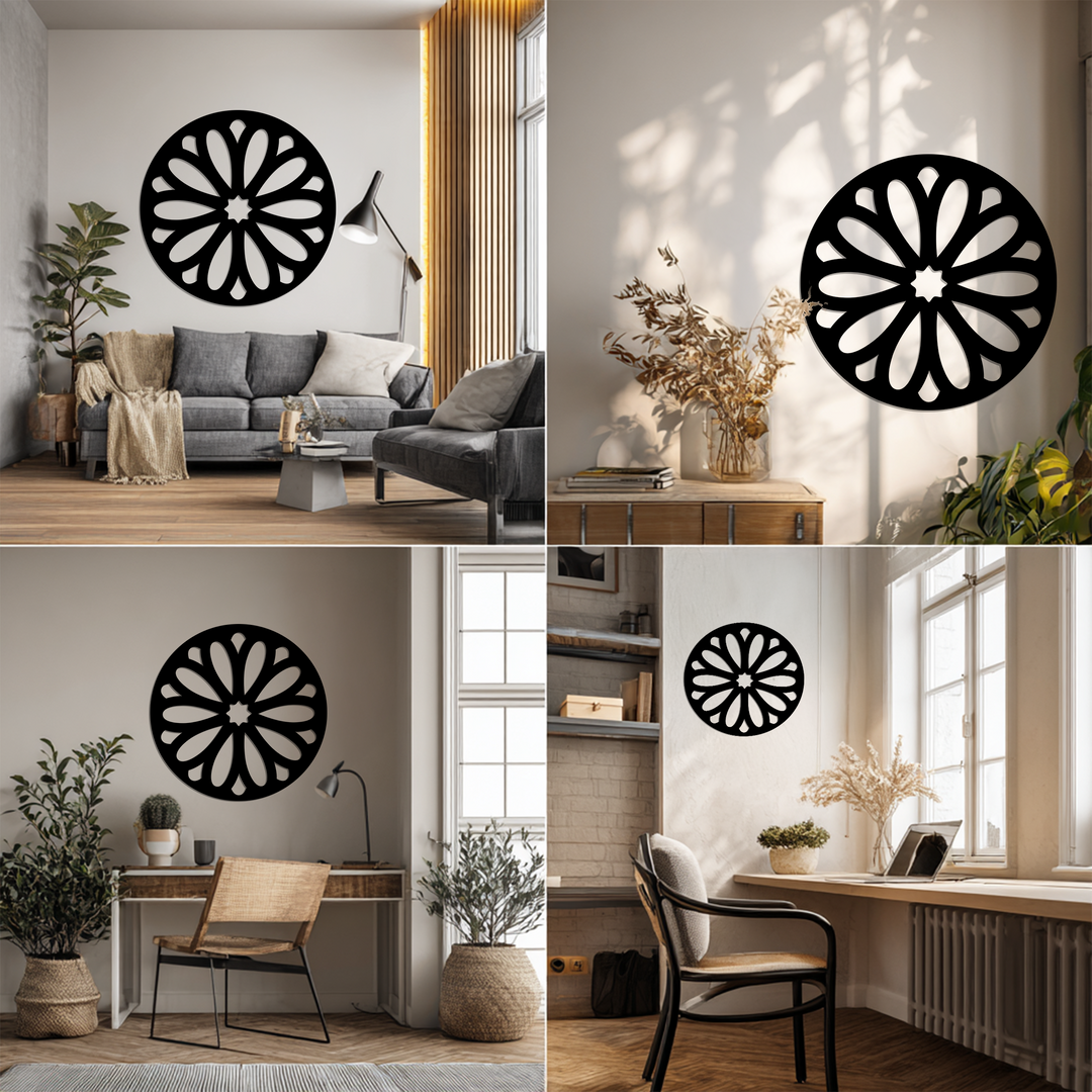 The focal point of the minimal floral burst round, black metal wall decor creates a captivating modern accent in various styled rooms.