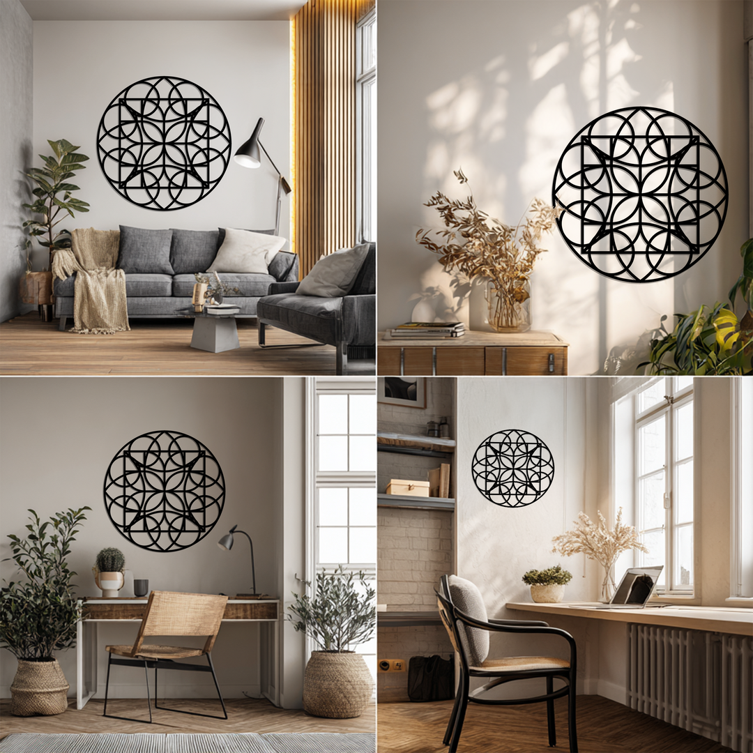 Neutral-toned backgrounds complement the decorative metal art geometric circle grid wall art, enhancing modern and minimalist living spaces.