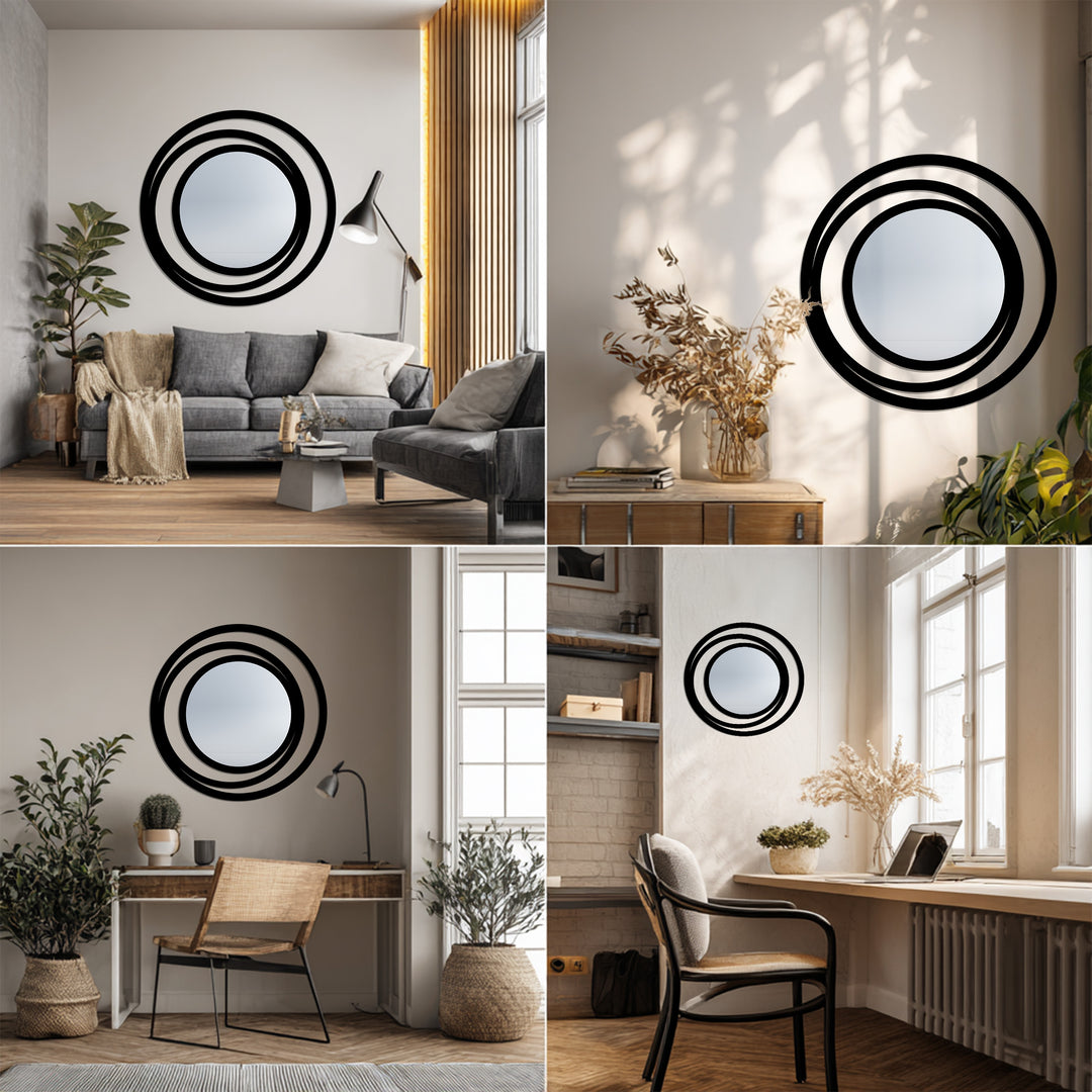 Modern Round Mirror with Triple Circle Frame – Minimalist Metal Wall Mirror