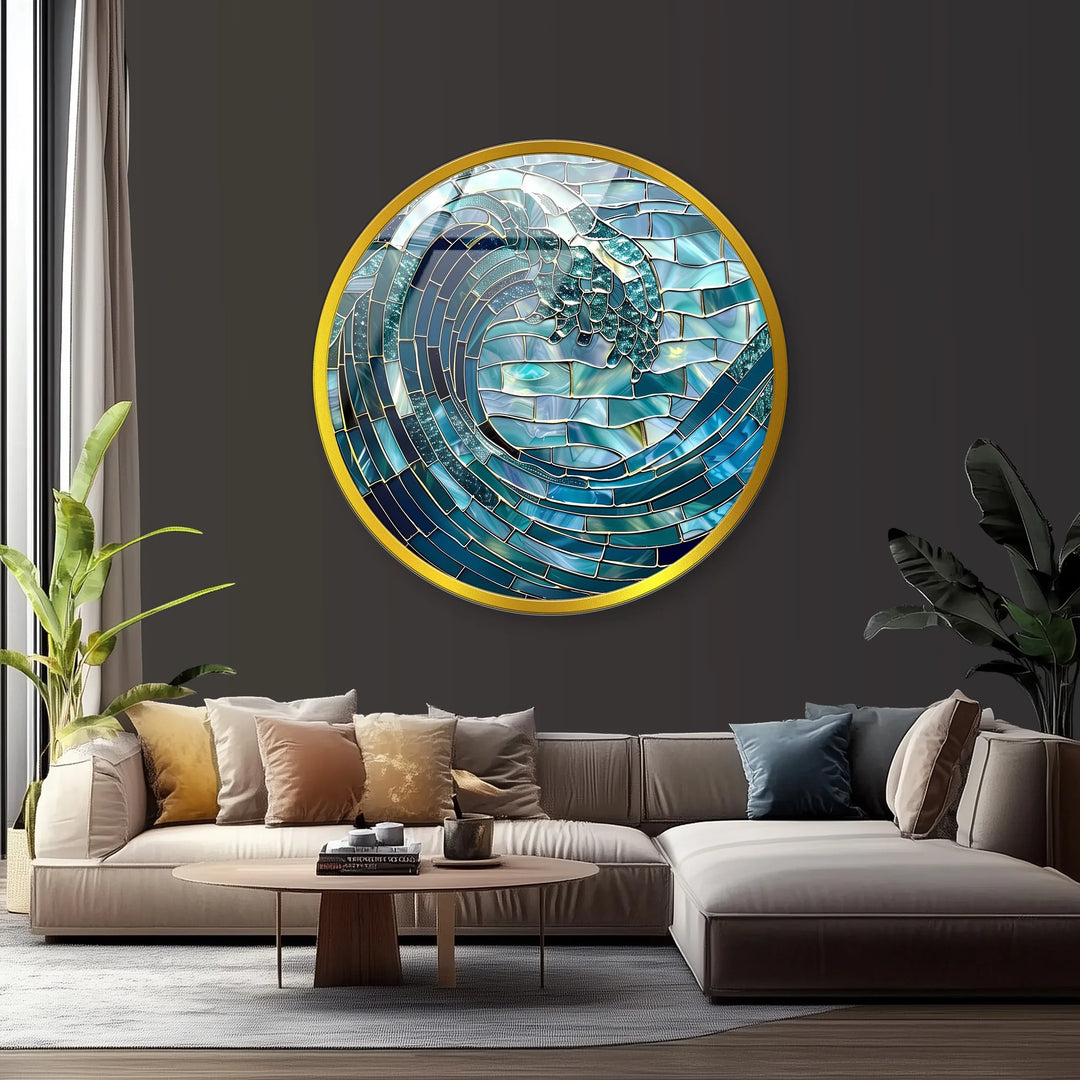 Ocean Wave in Blue Mosaic Round Glass Wall Art - MyPhotoStation