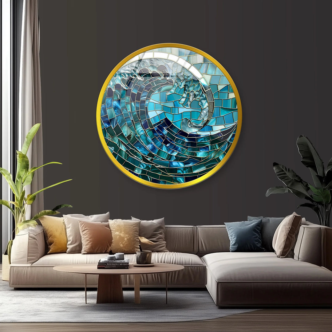 Ocean Wave Mosaic Round Glass Wall Art - MyPhotoStation