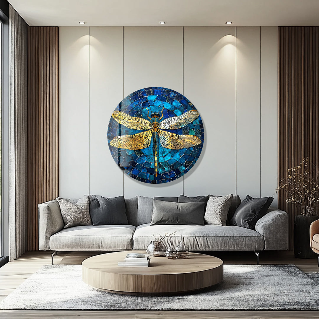 Golden Wings – Dragonfly Mosaic Round Glass Wall Art