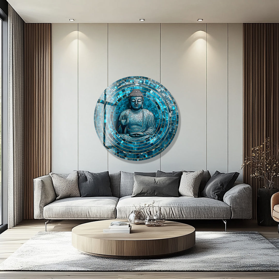 Tranquil Mosaic Buddha – Round Glass Wall Art