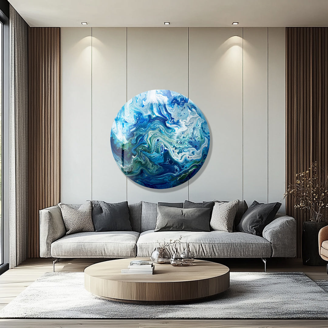 Ocean Veins – Blue Abstract Fluid Round Glass Wall Art