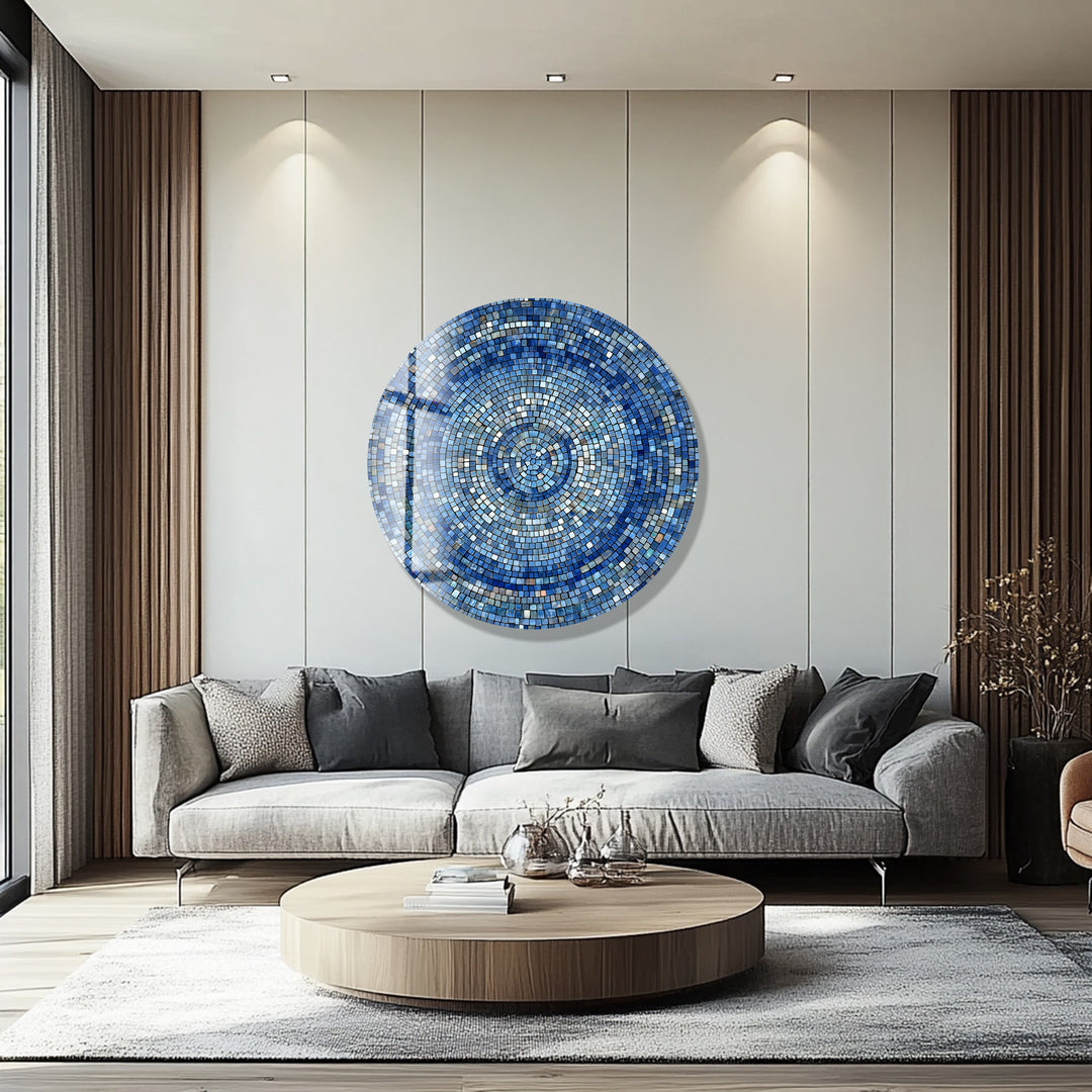 Celestial Blue Mosaic – Round Glass Wall Art