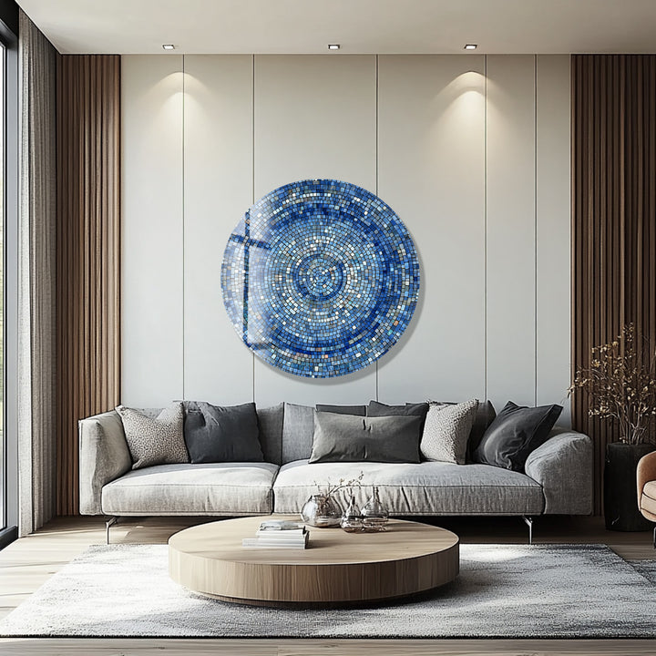Celestial Blue Mosaic – Round Glass Wall Art