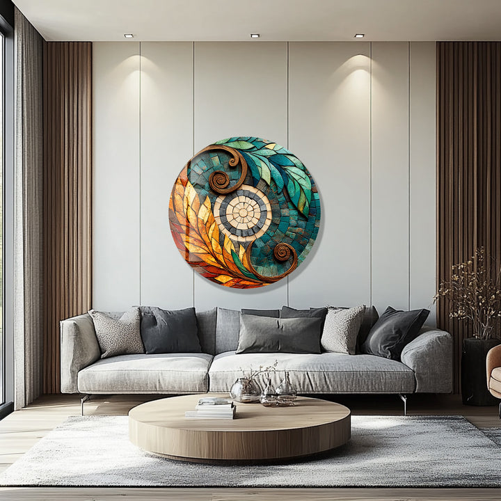 Solar Leaf Harmony – Round Glass Wall Art