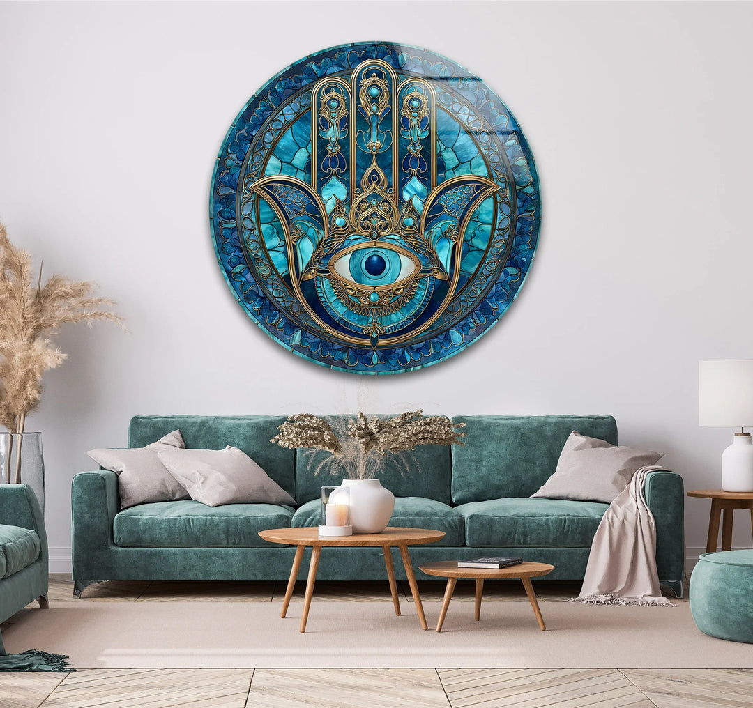 Mystic Hamsa Hand with Evil Eye – Round Glass Wall Art - MyPhotoStation