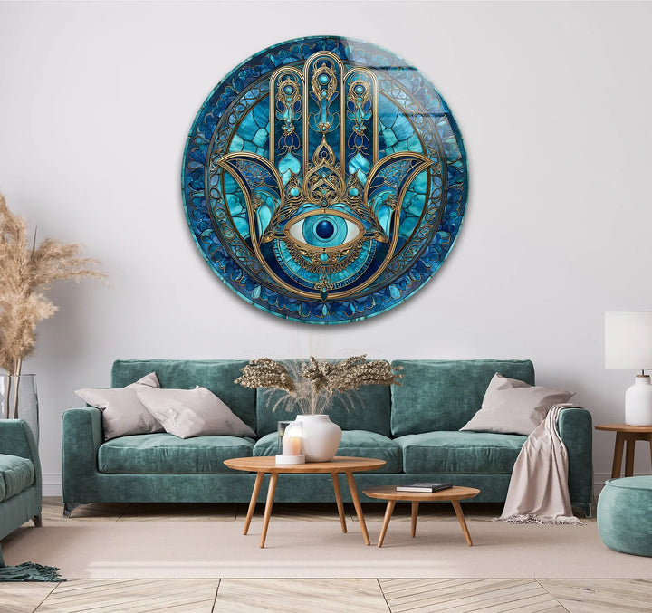 Mystic Hamsa Hand with Evil Eye – Round Glass Wall Art - MyPhotoStation