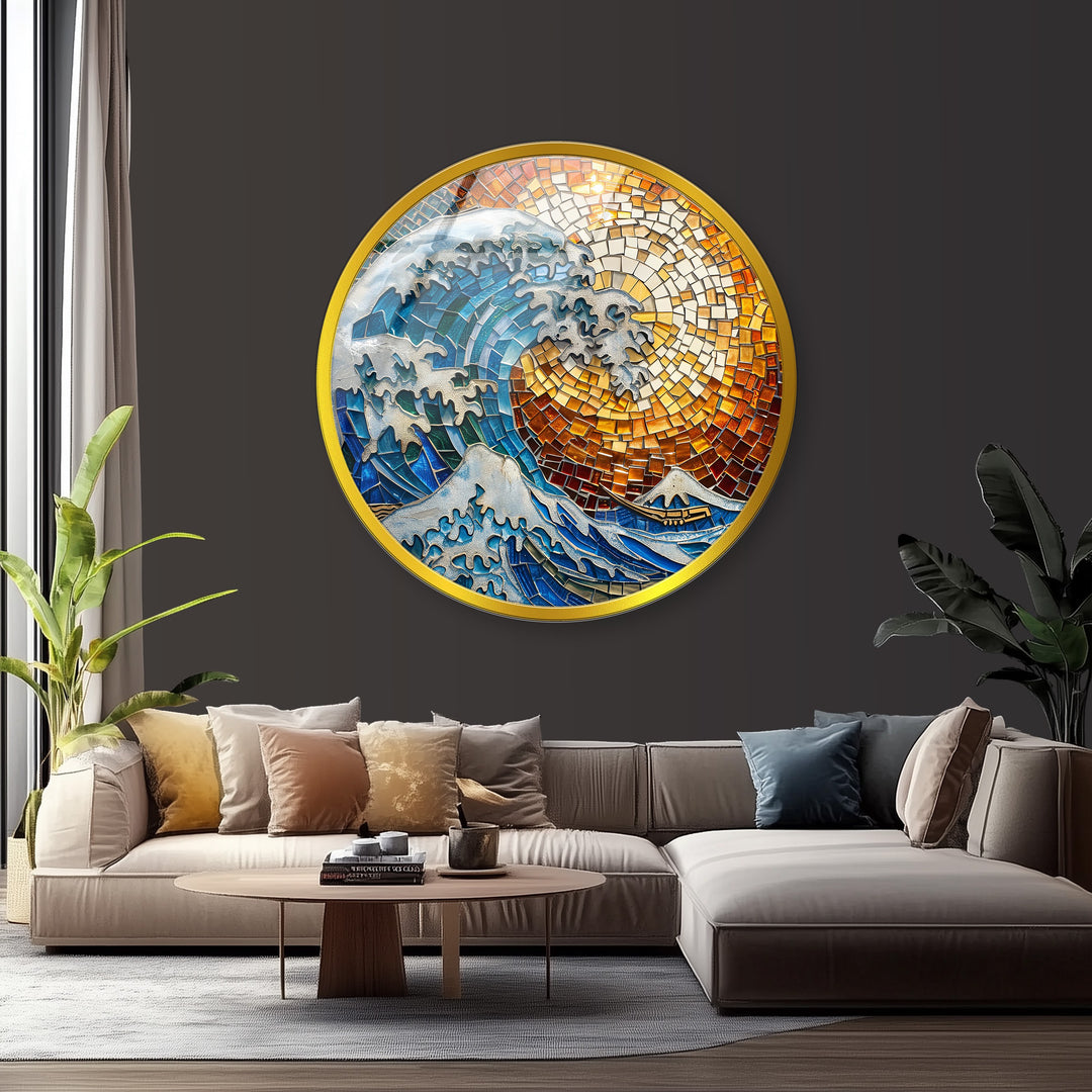 Golden Wave – Mosaic Ocean Round Glass Wall Art