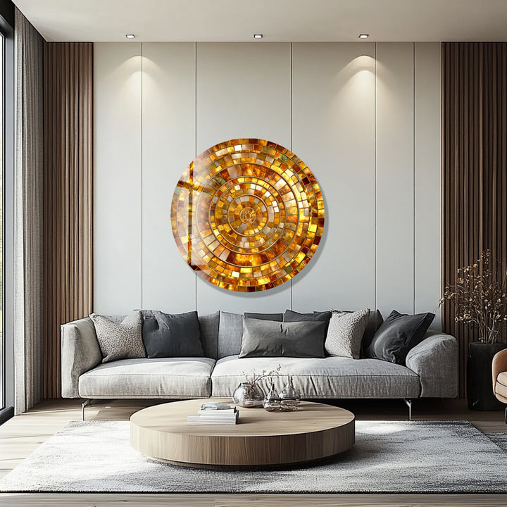 Golden Spiral Radiance – Gold Round Glass Wall Art