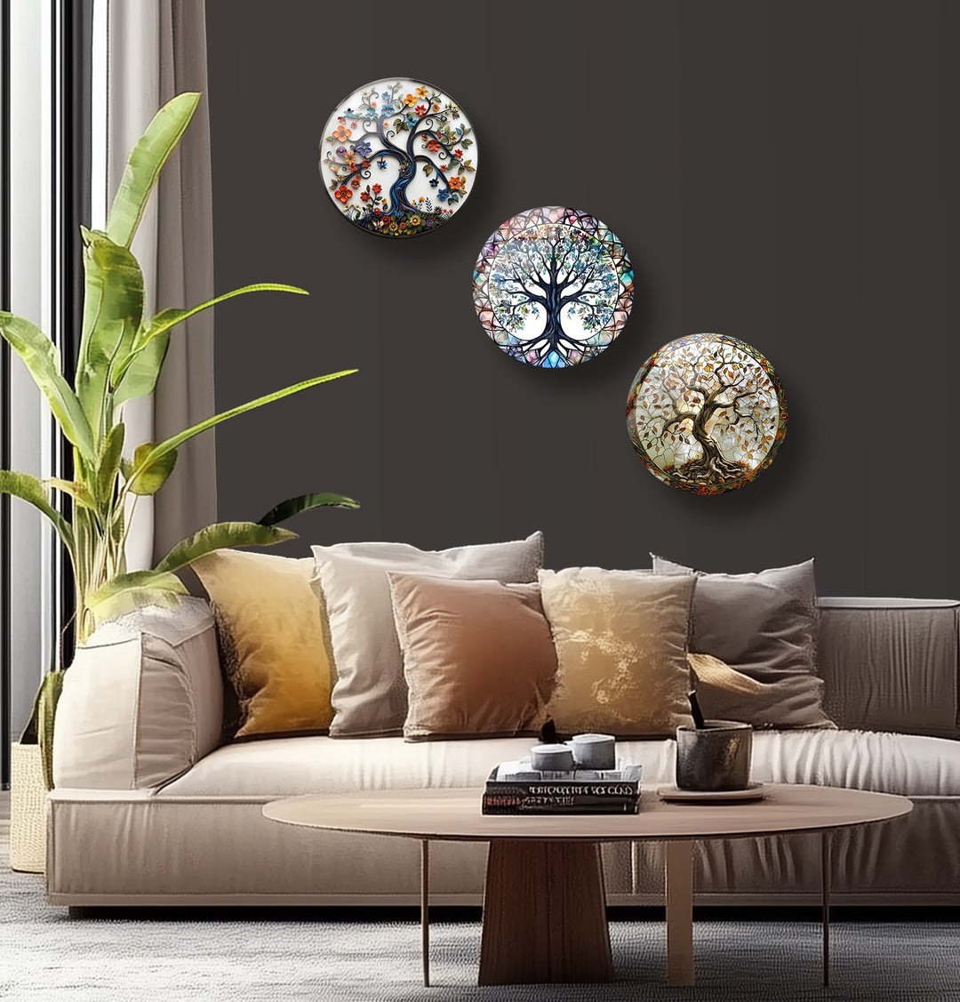 Mosaic Tree of Life Round Glass Wall Art Set – Nature-Inspired Glass Decor