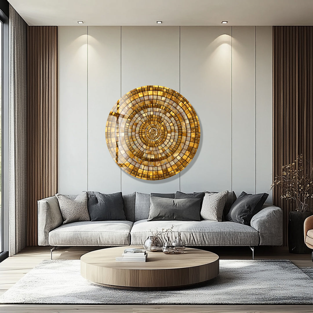 Golden Shimmering Mosaic – Round Glass Wall Art