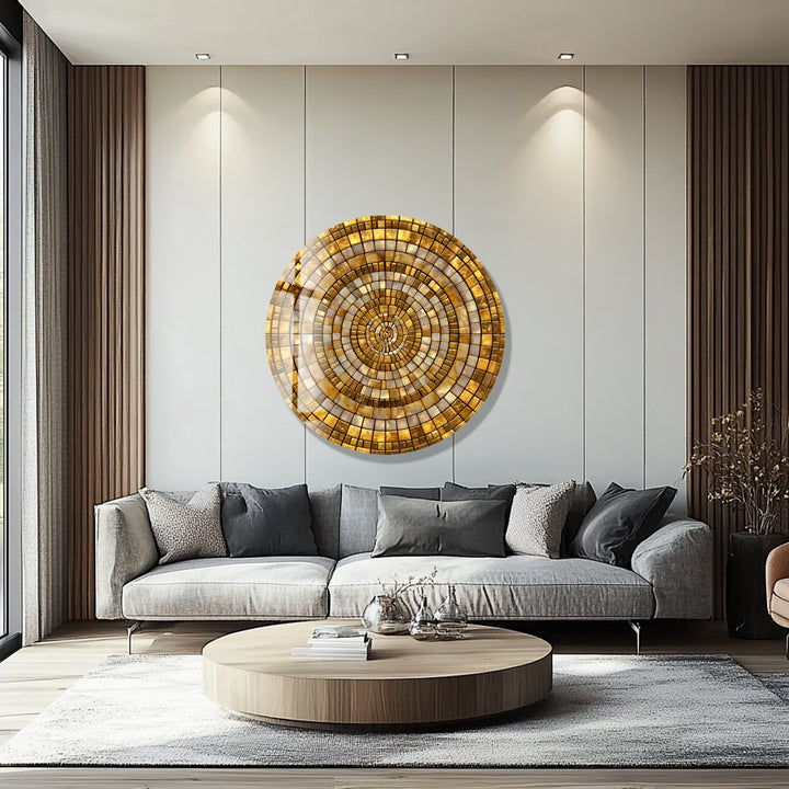 Golden Shimmering Mosaic – Round Glass Wall Art