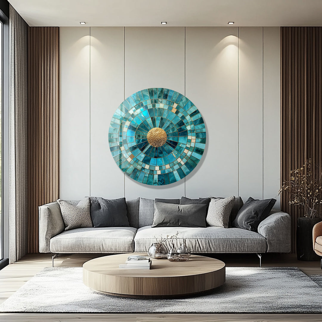 Golden Core – Turquoise Radiance Round Glass Wall Art