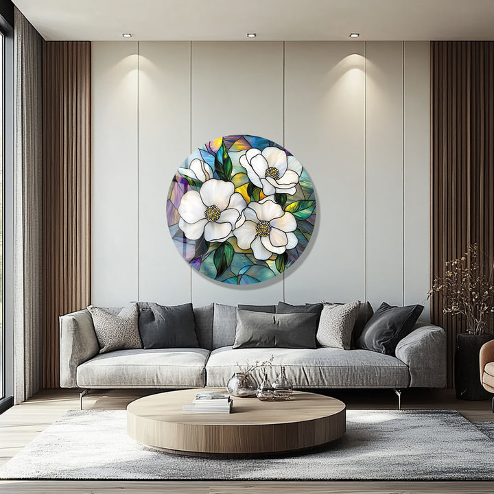 Ivory Bloom Harmony – Round Glass Wall Art