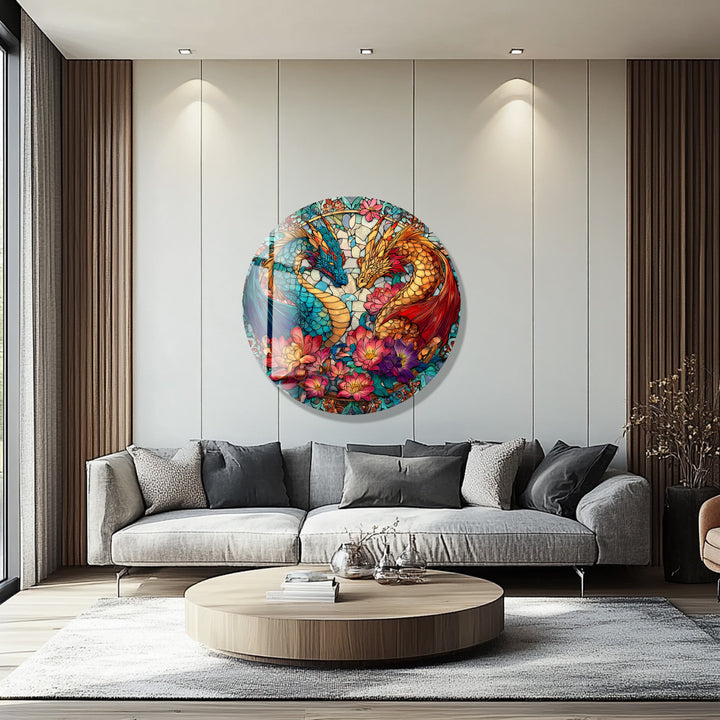 Dual Dragon Stained – Round Glass Wall Art