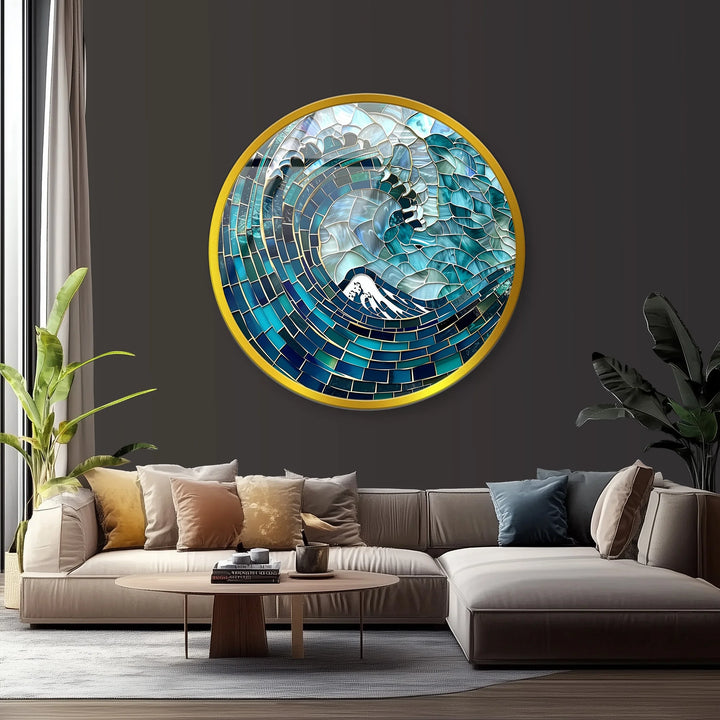 Deep Sea Wave Mosaic Round Glass Wall Art - MyPhotoStation