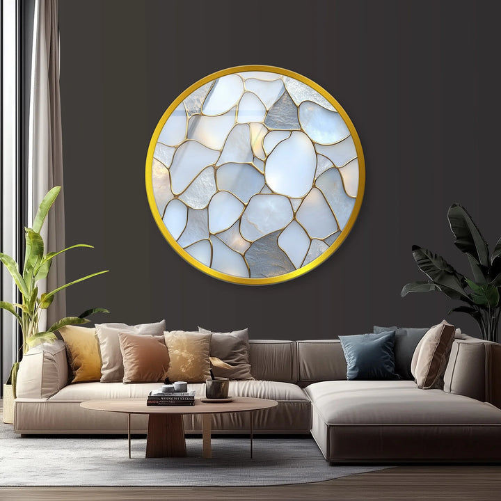 White Stone Mosaic Round Glass Wall Art - MyPhotoStation