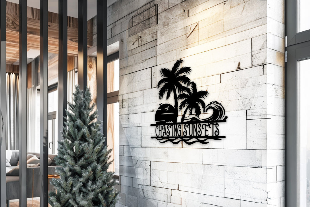 Chasing Sunsets Metal Wall Art – Palm Tree & Ocean Wave Design