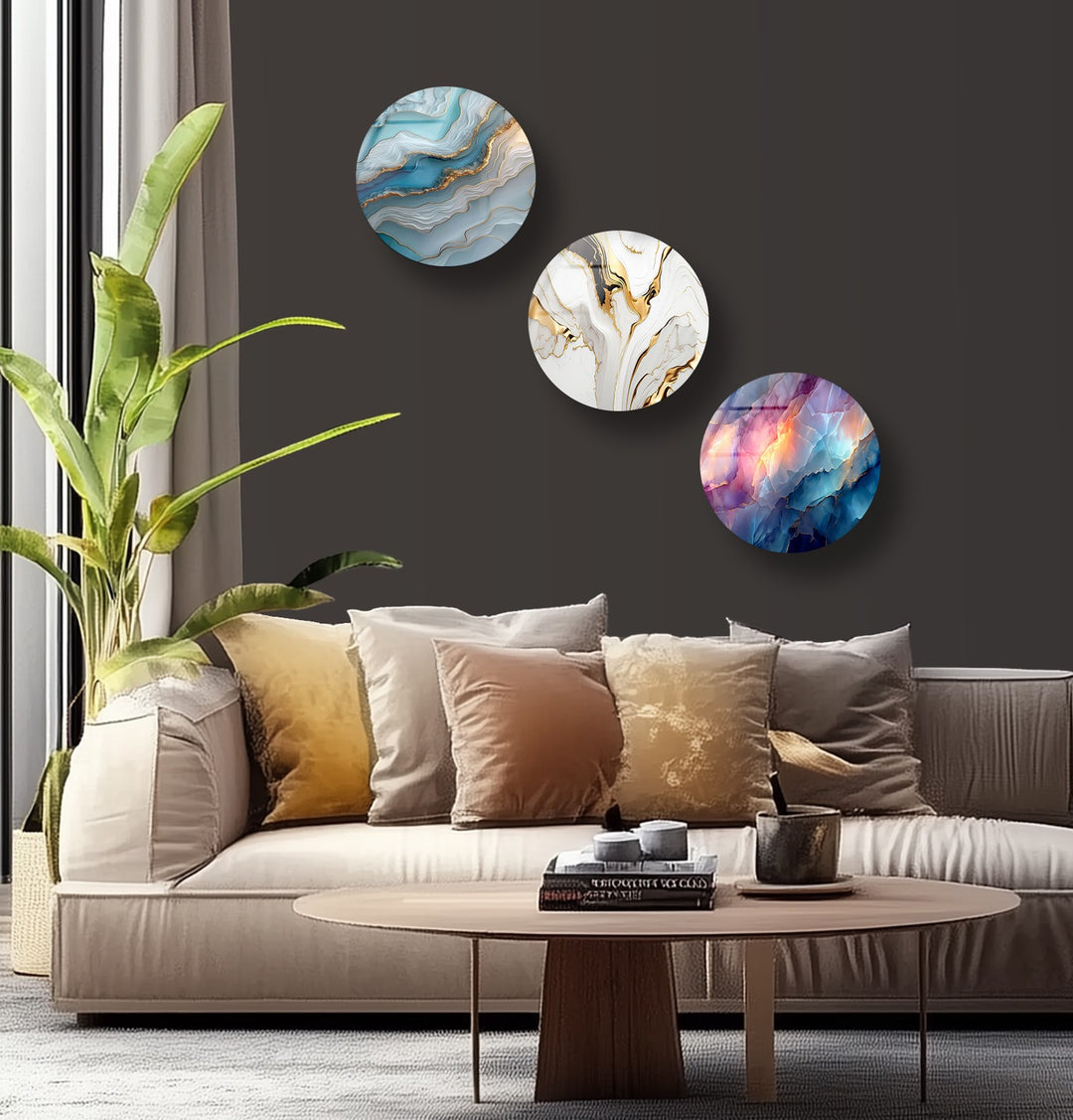 Ethereal Gemstone Round Glass Wall Art Set – Abstract Agate Elegance
