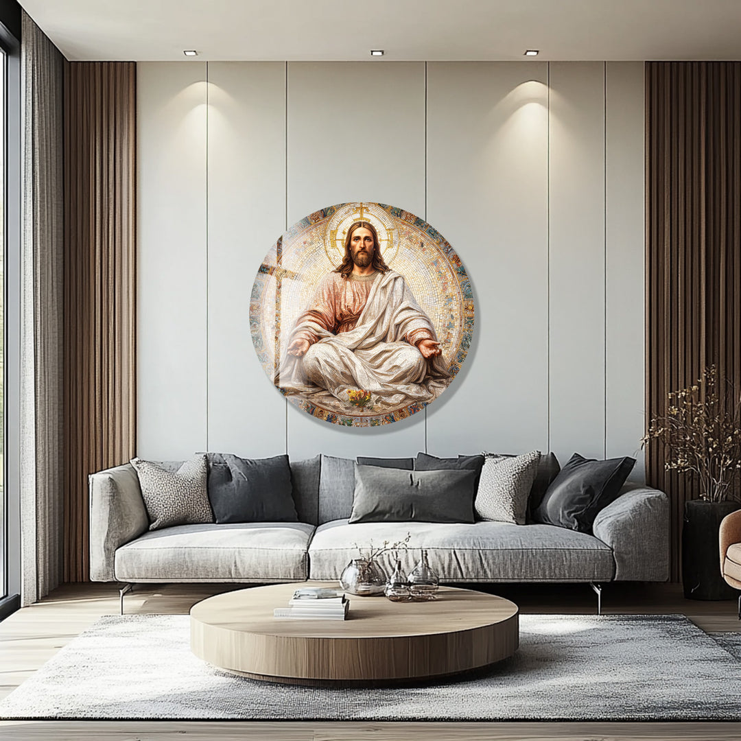 Radiant Christ in Serenity – Mosaic Round Glass Wall Art