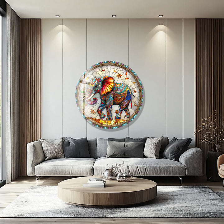 Majestic Mosaic Elephant – Round Glass Wall Art