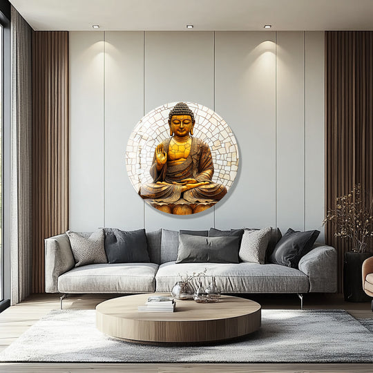 Visual rhythm is created by the balanced placement of the Buddha wall art, adding to the home decor in this round glass design with golden color tones.